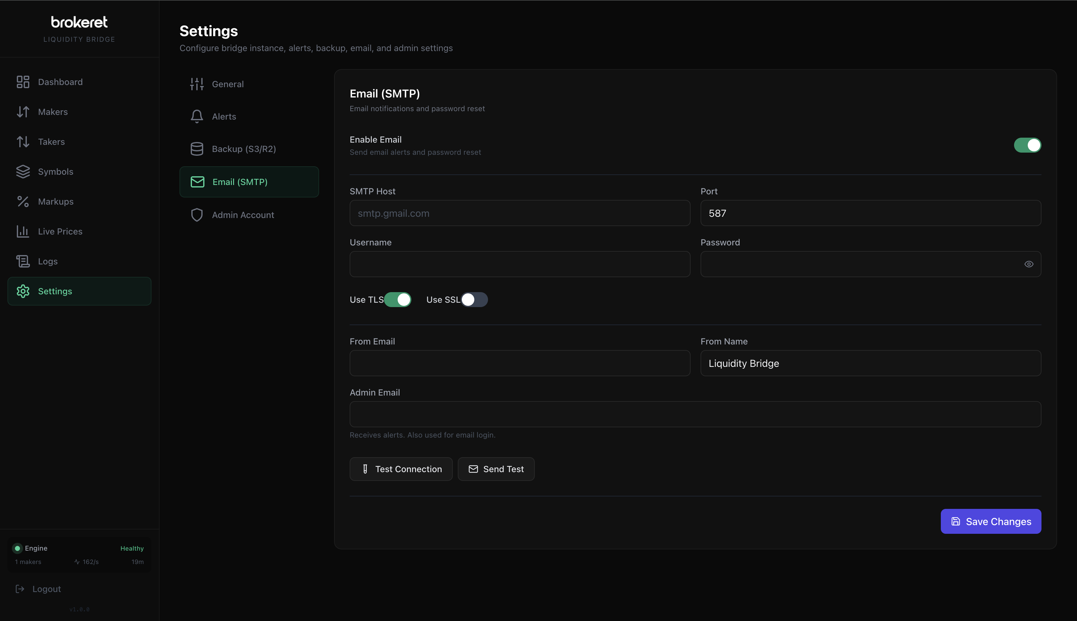 LiquidityBridge Email Settings — SMTP configuration with TLS/SSL, test connection and send test email