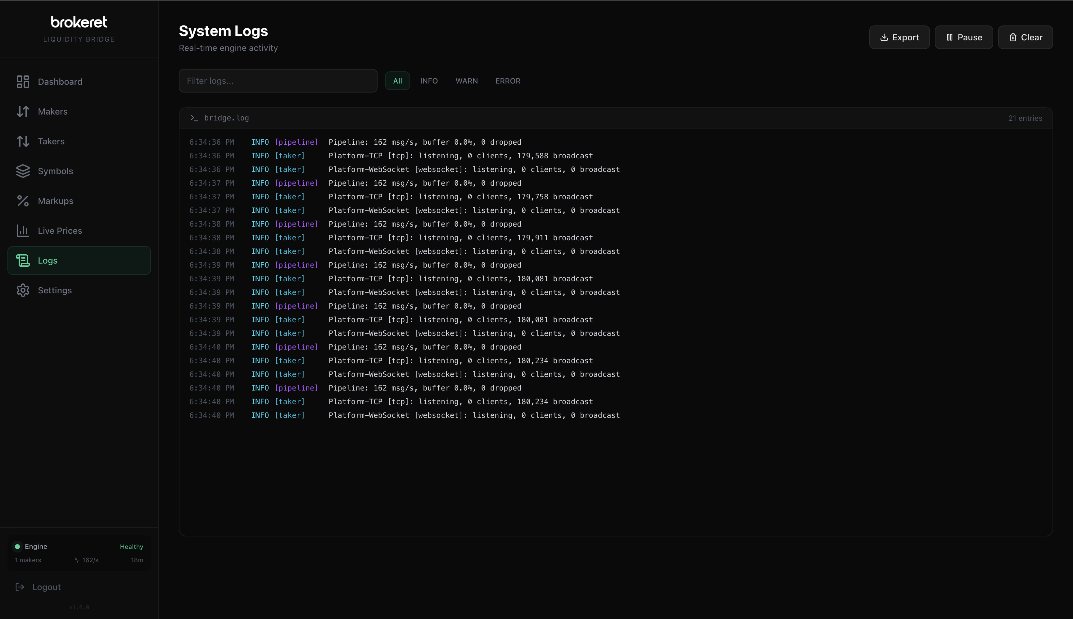LiquidityBridge System Logs — real-time engine activity with level filtering, export, pause, and clear controls