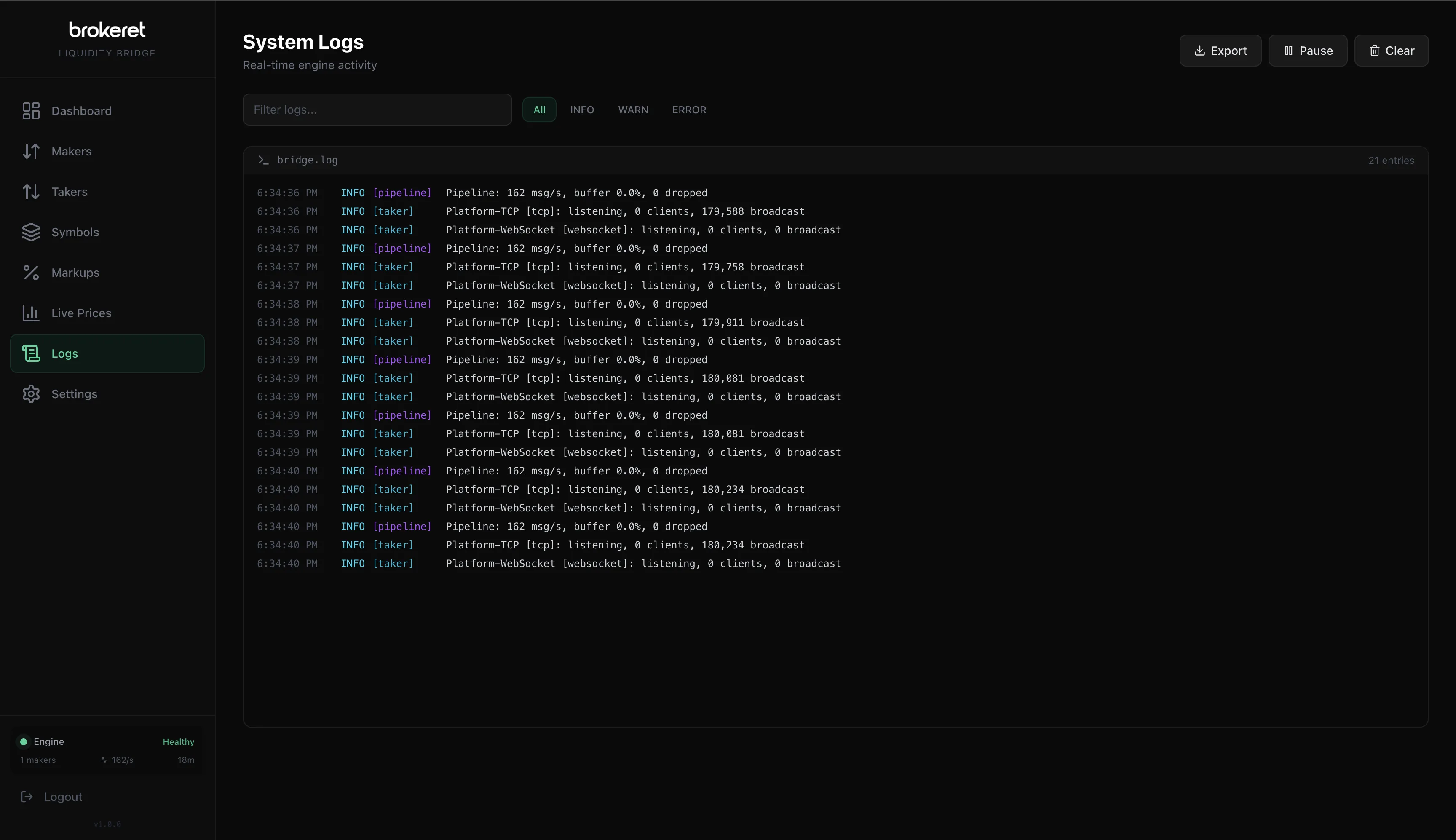 LiquidityBridge System Logs — real-time engine activity with level filtering, export, pause, and clear controls